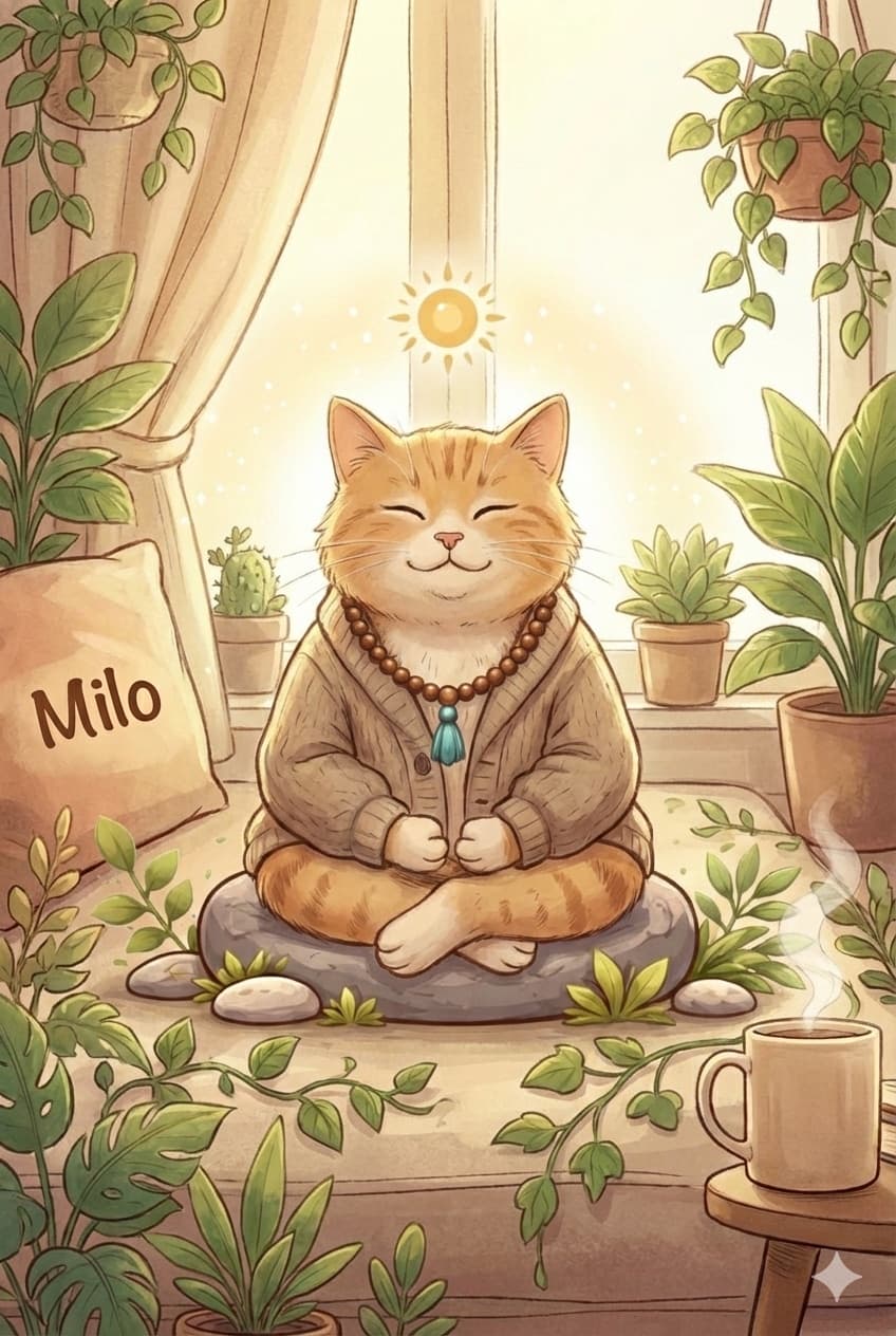 Milo sitting cross-legged on a cushion by a sunny window, eyes closed, wearing a cardigan and his wooden mala