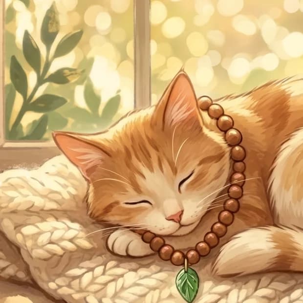 Milo asleep, wearing his wooden mala with its leaf charm