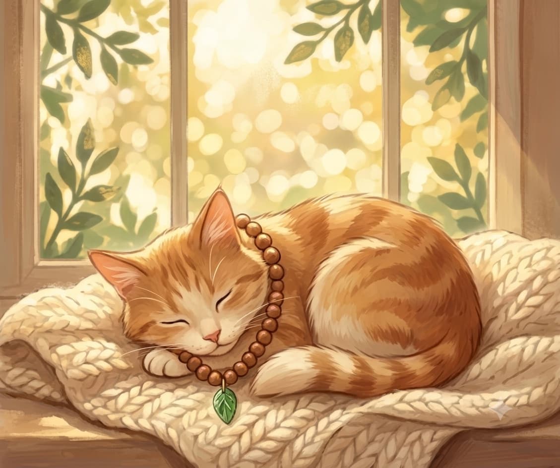 Milo, a ginger tabby cat wearing a wooden mala with a leaf charm, curled up asleep on a cream knit blanket in warm window light